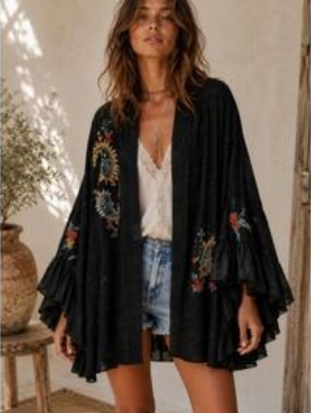 Free People Black Embroidered Kimono Cardigan XS/S